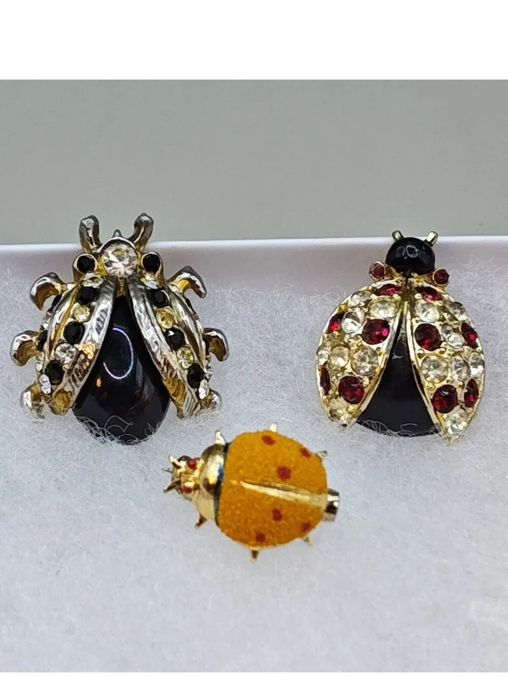 Vintage 3 Bug Incect Brooches Rhinestones Garden Ladybug Lapel Pins Gold Tone